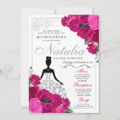 Elegant Fuchsia Pink Silver Floral Quinceanera Einladung (Vorderseite)
