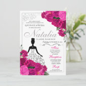 Elegant Fuchsia Pink Silver Floral Quinceanera Einladung (Stehend Vorderseite)
