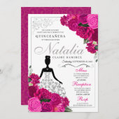 Elegant Fuchsia Pink Silver Floral Quinceanera Einladung (Vorne/Hinten)