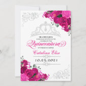 Elegant Fuchsia Pink Silver Floral Quinceanera in Einladung (Vorderseite)