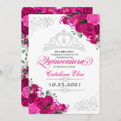 Elegant Fuchsia Pink Silver Floral Quinceanera in Einladung (Vorne/Hinten)