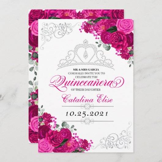 Elegant Fuchsia Pink Silver Floral Quinceanera in Einladung (Vorne/Hinten)