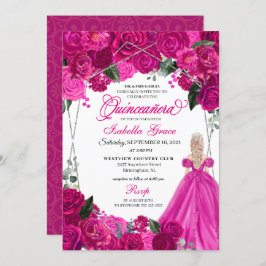 Elegant Fuchsia Pink Silver Floral Quinceanera Inv Einladung