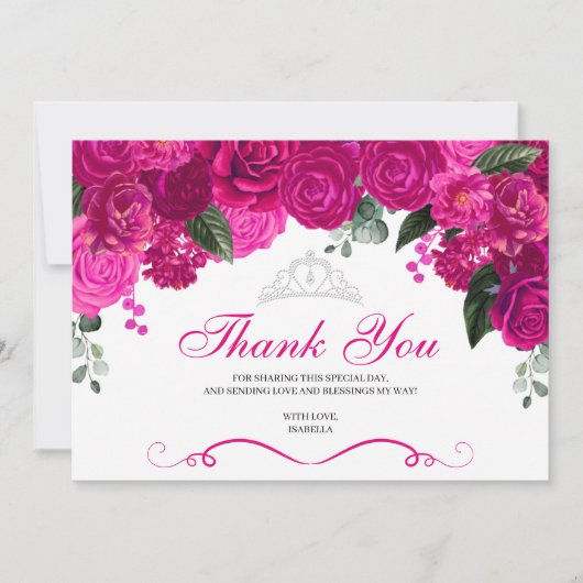 Elegant Fuchsia Pink Silver Floral Quinceanera Th Dankeskarte (Vorderseite)