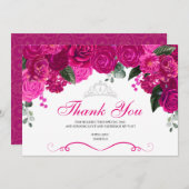 Elegant Fuchsia Pink Silver Floral Quinceanera Th Dankeskarte (Vorne/Hinten)