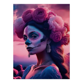 Elegant Fuchsia Roses Day of the Dead Catrina Poster