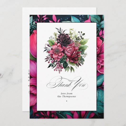 Elegant Fuchsia und Emerald Green Floral Bliss Dankeskarte (Vorne/Hinten)