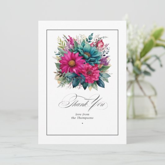 Elegant Fuchsia und Emerald Green Wedding Dankeskarte (Stehend Vorderseite)
