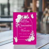 Elegant Fuchsia White Roses Butterfly Quinceañera Save The Date
