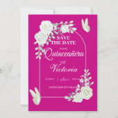 Elegant Fuchsia White Roses Butterfly Quinceañera Save The Date (Vorderseite)