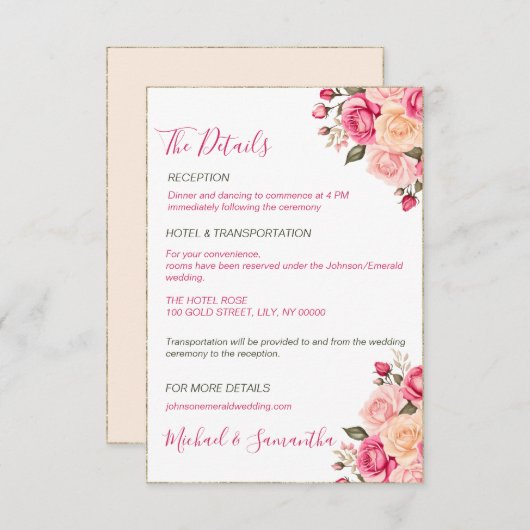 Elegant Fucia Pink und Elfenbeinküste Rose Hochzei Begleitkarte (Vorne/Hinten)