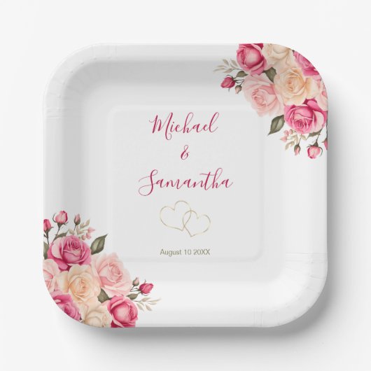 Elegant Fucia Pink und Elfenbeinküste Rose Hochzei Pappteller (Vorderseite)