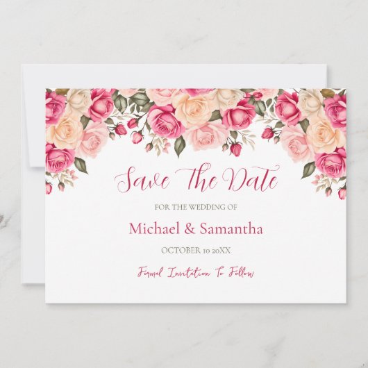Elegant Fucia Pink und Elfenbeinküste Rose Hochzei Save The Date (Vorderseite)
