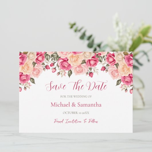 Elegant Fucia Pink und Elfenbeinküste Rose Hochzei Save The Date (Stehend Vorderseite)