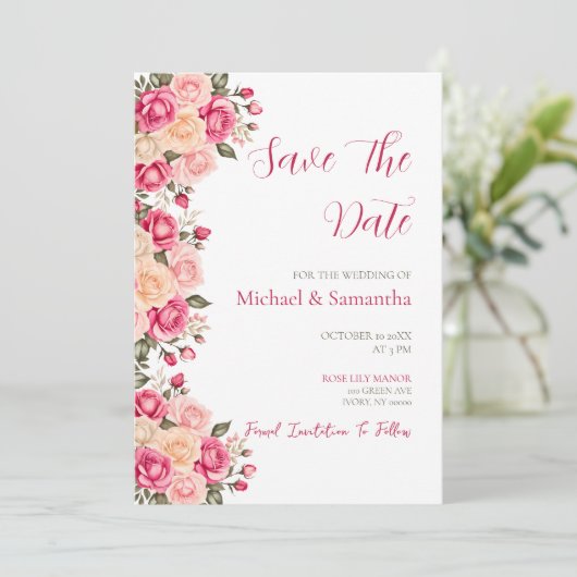 Elegant Fucia Pink und Elfenbeinküste Rose Hochzei Save The Date (Stehend Vorderseite)