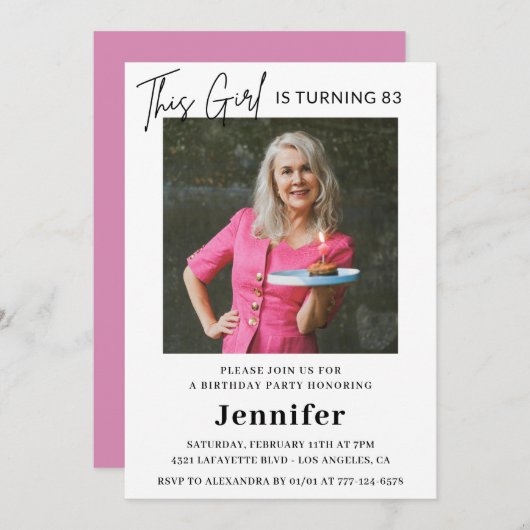 Elegant Fun Pink Foto 83. Geburtstag Einladung (Vorne/Hinten)