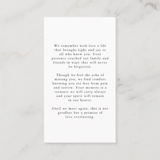 Elegant Funeral In Loving Memory Photo Prayer Card Visitenkarte (Rückseite)