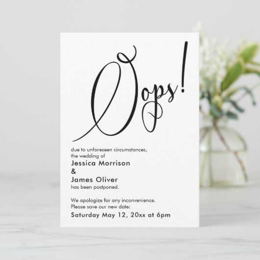 Elegant Funny "Oops!" Verspätete Hochzeitskarte Einladung (Stehend Vorderseite)