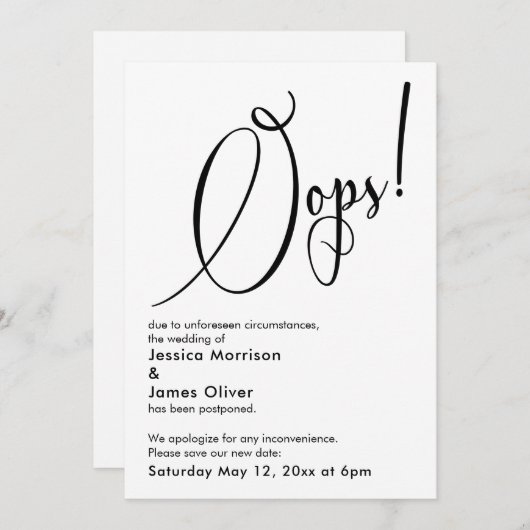 Elegant Funny "Oops!" Verspätete Hochzeitskarte Einladung (Vorne/Hinten)