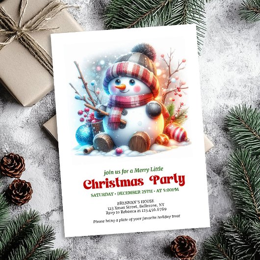 Elegant funny snowman holiday invite red green einladung