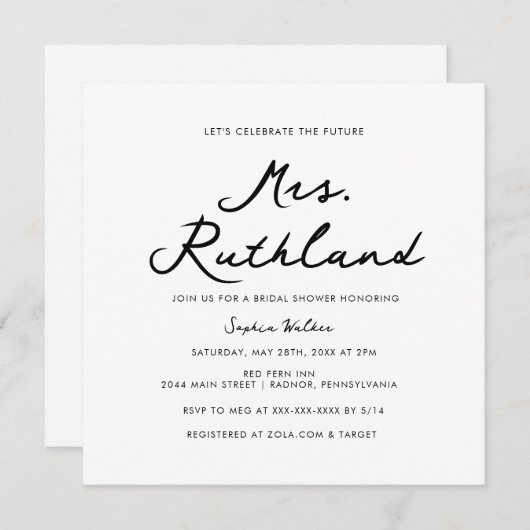 Elegant Future Mrs Black & White Brautparty Einladung (Vorne/Hinten)