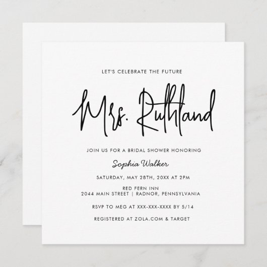 Elegant Future Mrs Black & White Brautparty Inv Einladung (Vorne/Hinten)