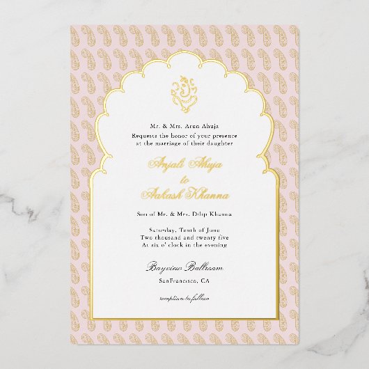 Elegant Ganesh Indische Hochzeit Rosa und Gold Folieneinladung (Vorderseite)