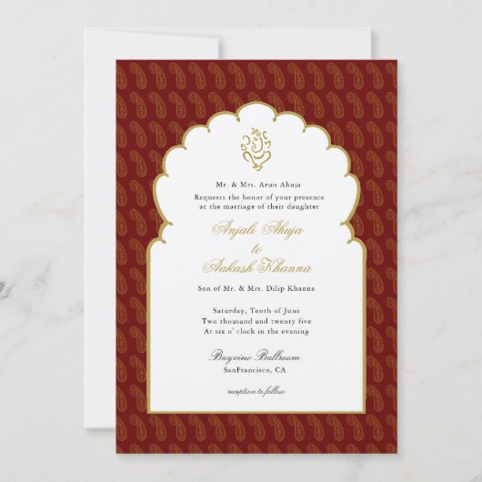Elegant Ganesh Red & Gold indische Hochzeit Einladung (Vorderseite)