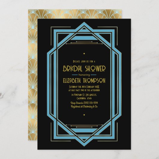 Elegant Gatsby Art Deco Blue & Gold Bridal Shower Einladung (Vorne/Hinten)