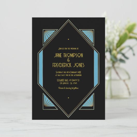 Elegant Gatsby Art Deco Blue & Gold Wedding Photo Einladung (Stehend Vorderseite)