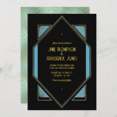 Elegant Gatsby Art Deco Blue & Gold Wedding Photo Einladung (Vorne/Hinten)