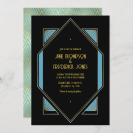 Elegant Gatsby Art Deco Blue & Gold Wedding Photo Einladung