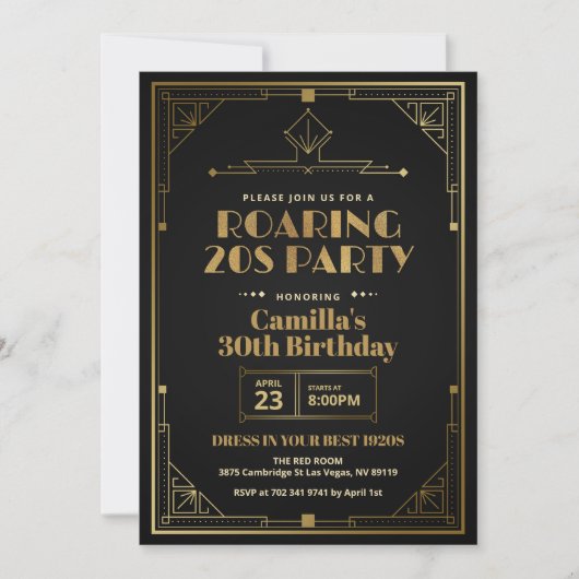 Elegant Gatsby Art Deco Roaring 20er Black Gold Einladung (Vorderseite)