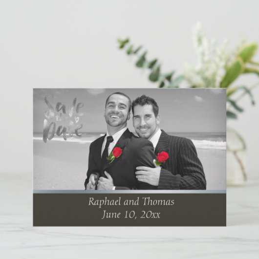 Elegant Gay Tuxedo Save the Date (Stehend Vorderseite)