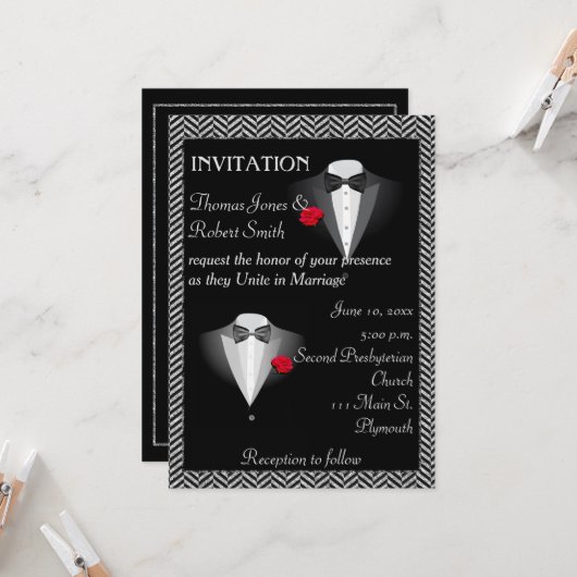 Elegant Gay Tuxedo Wedding Einladung (Vorderseite/Rückseite Beispiel)