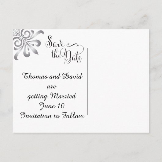 Elegant Gay Wedding Speichern Sie das Datum mit Fo Ankündigungspostkarte (Rückseite)