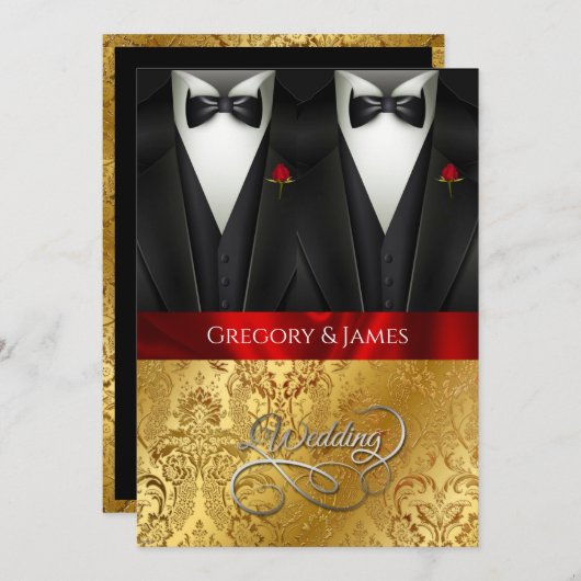 Elegant Gay Wedding Tuxedo Rote Rose Einladung (Vorne/Hinten)