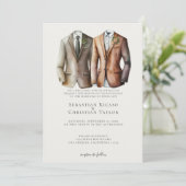 Elegant Gay Wedding Two Grooms in Anzügen Einladung (Stehend Vorderseite)