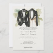 Elegant Gay Wedding Two Grooms in Anzügen Einladung (Vorderseite)