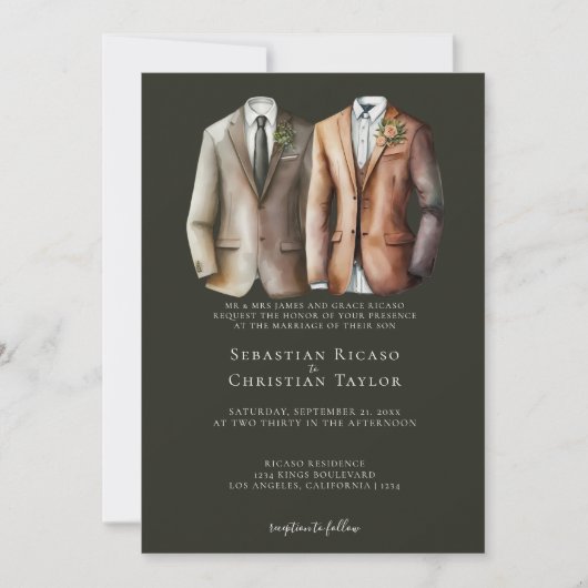 Elegant Gay Wedding Two Grooms in Anzügen Einladung (Vorderseite)