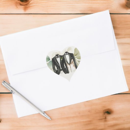 Elegant Gay Wedding Two Grooms in Anzügen Herz-Aufkleber