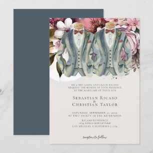 Elegant Gay Wedding Two Grooms in Anzugs Floral Einladung