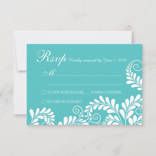 Elegant Geblüht Curly Türkise Wedding RSVP (Vorderseite)