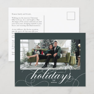 Elegant Geblüht Script DkGreen Holiday Foto Card Feiertagspostkarte
