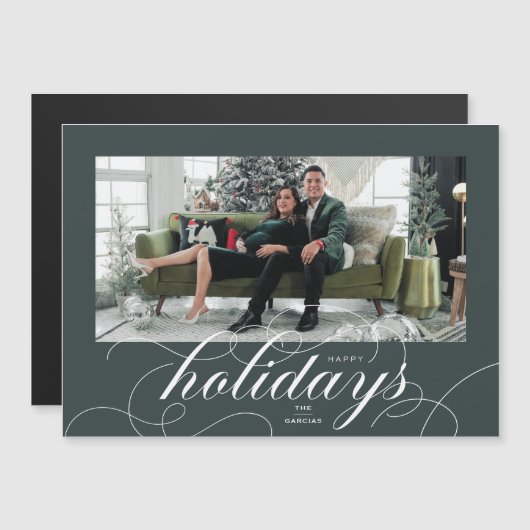 Elegant Geblüht Script DkGreen Holiday Foto Card Magneteinladung (Vorne/Hinten)