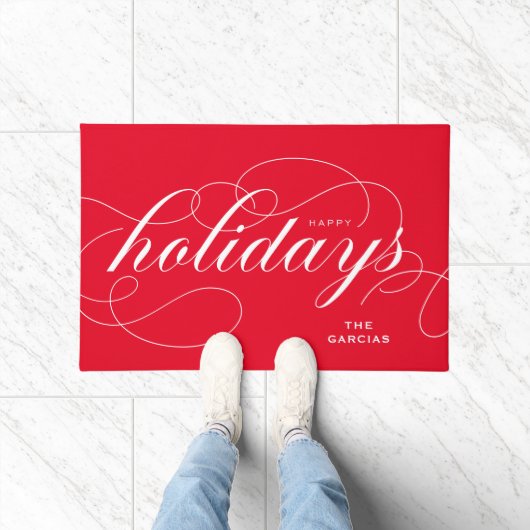 Elegant Geblüht Script Happy Holidays Red Fußmatte (Indoor)