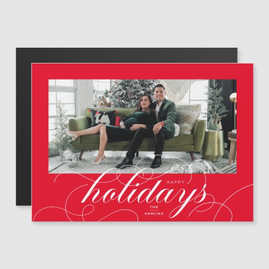 Elegant Geblüht Script Red Holiday Foto Card Magneteinladung (Vorne/Hinten)