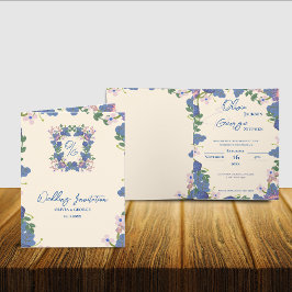 Elegant geflochtene Blue Lila Floral Monogram Wedd Einladung