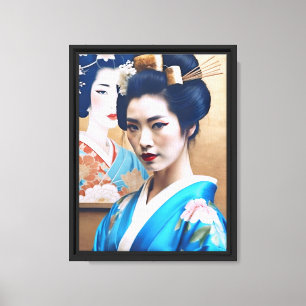 Elegant Geisha in Blue Kimono Kunst, Dichtung und Leinwanddruck