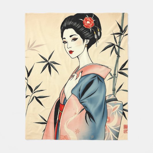 Elegant Geisha mit Bambus und Tintenpatterns Fleecedecke (Vorderseite)